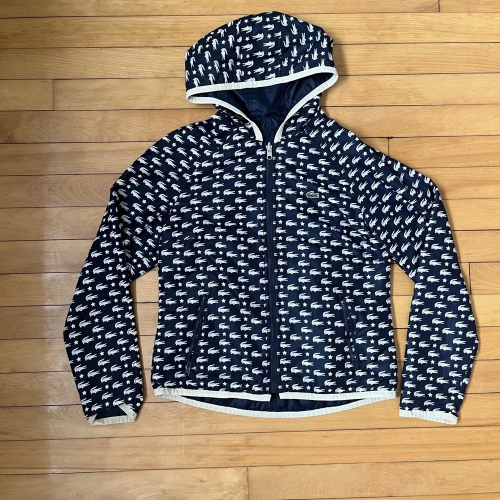 Lacoste Reversible Hooded Windbreaker Jacket Navy Blue Logo Star Print Mens S - Picture 7 of 9